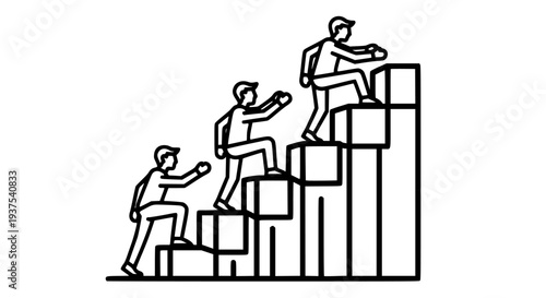 Three people are climbing upward on abstract steps representing professional career advancement, business growth, overcoming challenges, personal development, future success, and achieving goals. 