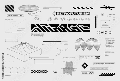 Retrofuturistic Sci-fi graphic box with HUD, UI, 3D elements, shapes, wireframe globe, diagrams, warning labels, frames. Perfect for cyberpunk concept, streetwear, t-shirt, HUD. Vector graphic set