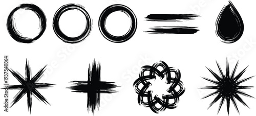 Set of Hand Drawn Brush Stroke Silhouette Icons Featuring Ink Circles Cross Starburst and Drop Shapes Vector Illustration Elements for Creative Grunge Graphic Design