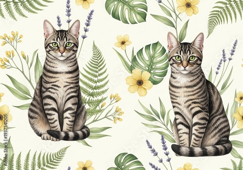 Tabby cats sitting among ferns, flowers, and leaves on a cream background pattern