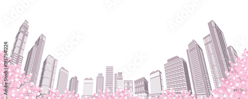 桜が咲く春の街並みイラスト. 