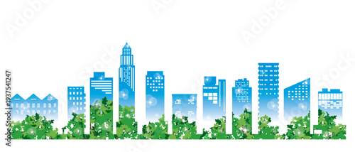緑豊かな爽やかな街並みイラスト. 