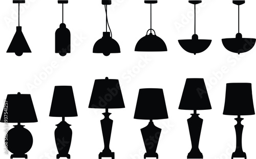 Set of minimalist black silhouettes featuring modern pendant lights and classic table lamps with various lampshade shapes for home interior design and furniture catalog