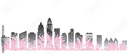 桜が咲く春の街並みイラスト. 
