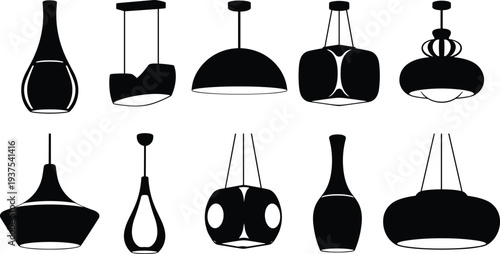 Set of modern minimalist pendant light silhouettes featuring sleek hanging lamps and contemporary ceiling fixtures for stylish home interior decor and architectural lighting design