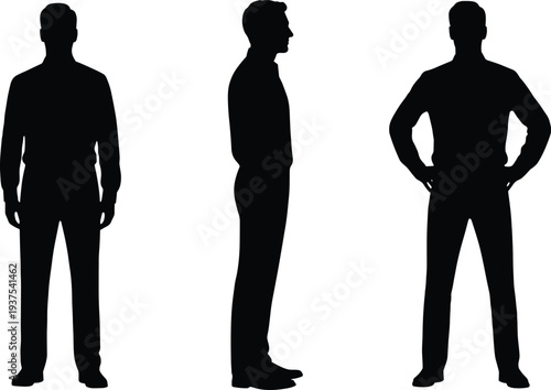 Set of professional men silhouettes featuring full body poses including front view side profile and confident standing position for business and fashion design projects