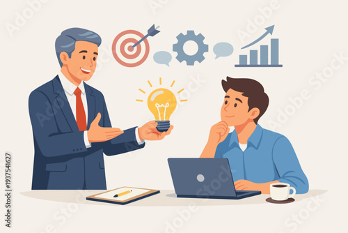 Professional business mentor offering a creative idea and solution to a young employee at a laptop, providing expert guidance, advice for problem solving, innovation, leadership, and growth.
