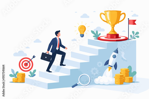 Businessman climbing stairs to success, career growth development plan, job promotion and motivation to achieve work target, stair step to reach trophy, business goal achievement concept vector.