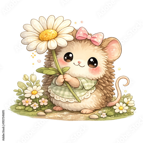 kawaii mouse with daisy in hand, cute chibi mouse illustration, adorable tiny mouse holding a daisy flower, pastel kawaii animal character, sweet woodland mouse design, soft pastel color palette, gent