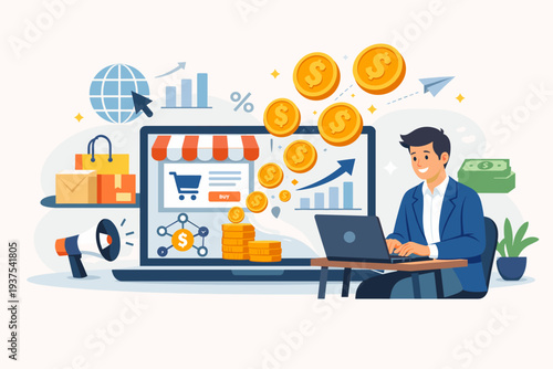 Businessman Making Money Online with E-commerce and Digital Investment. Flat Vector Illustration of Online Profit, Financial Growth, Internet Marketing, Global Sales, and Business Success Concept.