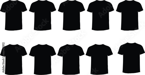 Set of ten simple black t-shirt silhouettes isolated on white background for apparel mockup clothing brand catalog fashion design and garment industry template