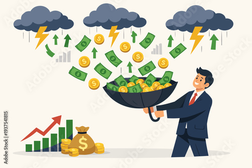 Businessman catching falling money with an upside-down umbrella during a financial storm, representing passive income, profit, dividends from stock market investment and financial success.