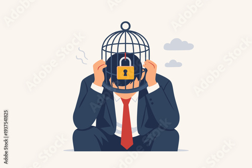 Businessman Sitting with Head Trapped in a Locked Birdcage Representing Mental Health Issues, Stress, Burnout, Creative Block, Psychological Barriers, and Feeling Powerless in Corporate Work