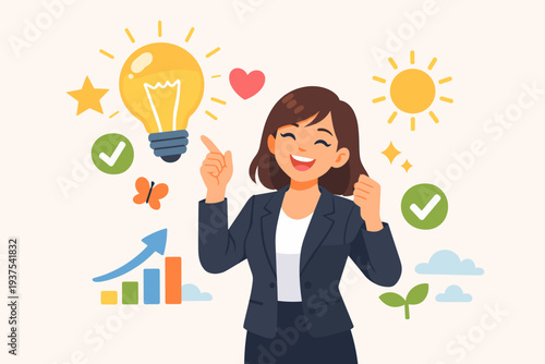 Successful businesswoman with positive thinking and optimistic mindset, surrounded by symbols of inspiration, creativity, and growth like a lightbulb, sun, heart, and rising bar chart illustration.