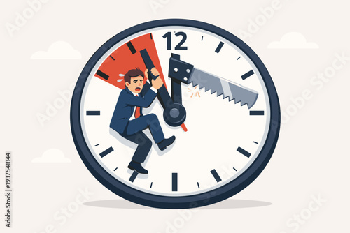 Frustrated Businessman Clinging to Clock Hand to Stop Time Before Deadline, Saw Blade Clock Hand Representing Pressure and Urgency, Time Management and Work Stress Concept Vector Illustration