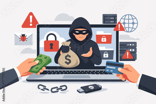 Cybercrime Ransomware Attack Concept with Hacker Holding Money Bag on Laptop Screen, Demanding Payment from Business to Unlock Encrypted Data, Phishing, Malware, and Network Security Breach.