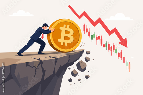 Businessman Pushing Large Bitcoin Coin Away from Cliff Edge to Prevent Price Falling Down, Cryptocurrency Market Crash Risk, Volatility and Financial Crisis Concept Flat Vector Illustration