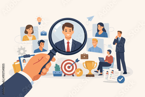 Recruitment and Human Resources Concept with Hand Holding Magnifying Glass to Find Best Candidate for Job Vacancy, Headhunting, Talent Acquisition, Choosing Professional Employee for Hiring