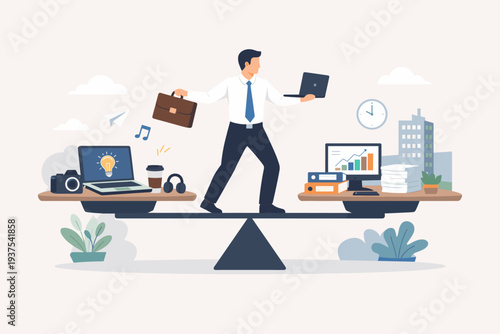 Side Hustle and Main Job Balance Concept. Businessman Balancing on Seesaw Between Freelance Creative Work and Corporate Office Career. Gig Economy, Professional Growth, and Multitasking Illustration.