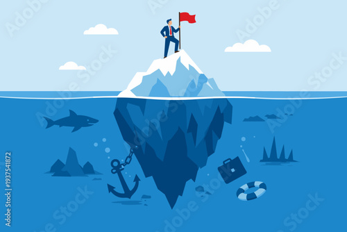 Success Iceberg Illusion Concept with Businessman Holding Red Flag on Top, Hidden Risks and Failures Underwater like Shark, Anchor, and Briefcase, Achievement and Hard Work Metaphor Illustration.