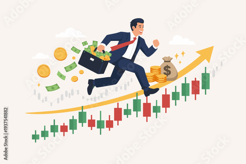 Successful Businessman Running Up Stock Market Growth Chart with Briefcase Full of Money and Bitcoin, Concept of Financial Success, Investment Profit, Crypto Trading Wealth and Economic Prosperity