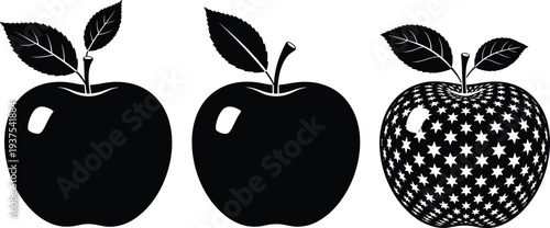 Set of three black apple silhouettes including one unique star patterned design with leaves for healthy food branding education and patriotic harvest fruit concepts.