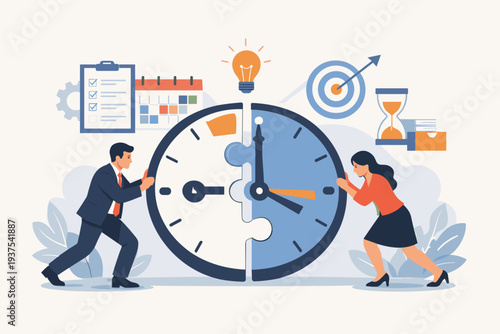 Time Management and Project Management Concept with Business Team Connecting Clock Puzzle Pieces to Control Tasks, Strategic Planning for Efficiency, Productivity, and Meeting Project Deadlines.