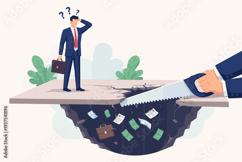 Businessman Standing on Cracking Platform Being Cut by Giant Saw, Concept of Unexpected Business Mistake, Economic Crisis, Financial Risk, Job Loss, Sabotage, and Unforeseen Professional Danger