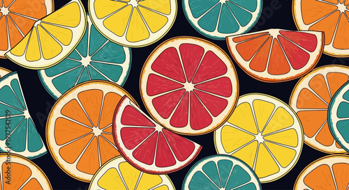 Colorful citrus fruit slices pattern on black background.