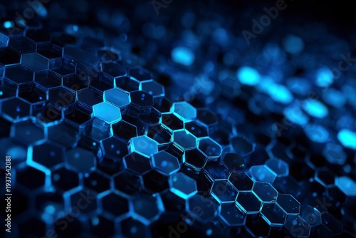 A close-up of a blue and dark hexagonal pattern with reflective and translucent elements set against a softly blurred background