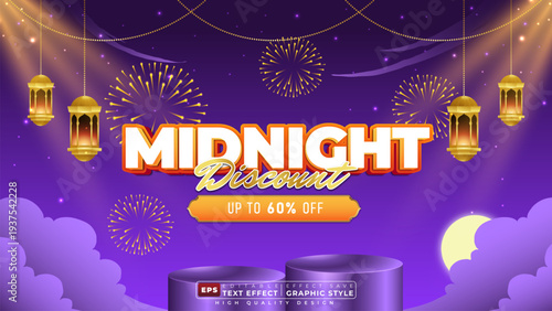 Editable 3d text effect midnight sale discount with podium for banner template design
