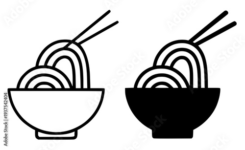 Minimalist food icon, vector illustration of noodles, black and white in outline and silhouette design style