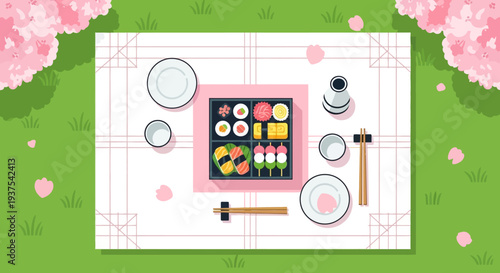 Japanese Picnic Bento Box Under Cherry Blossoms