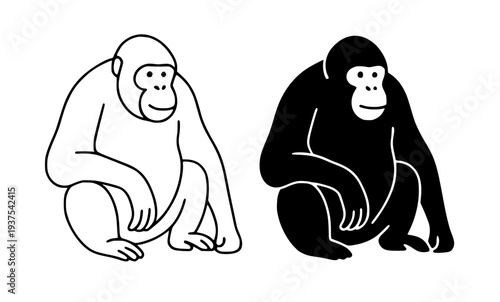 Minimalist wild animal icon, vector illustration of orangutan, black and white in outline and silhouette design style