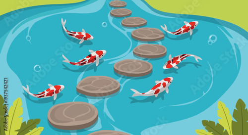 Koi Fish Swimming Past Stepping Stones in Pond