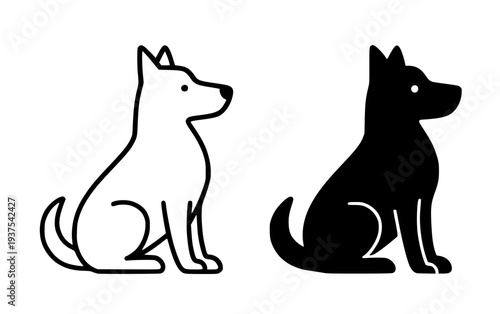 Minimalist wild animal icon, vector illustration of a dog, black and white in outline and silhouette design style