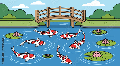 Koi pond with bridge and lily pads