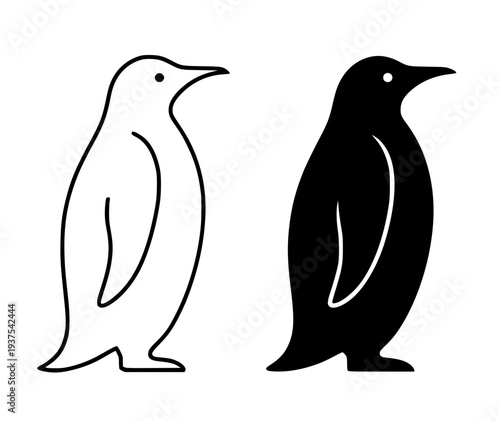 Minimalist wild animal icon, penguin vector illustration, black and white in outline and silhouette design style