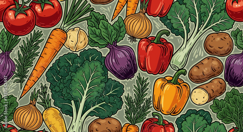 Assorted Vegetables and Fruits in a Vibrant Pattern.