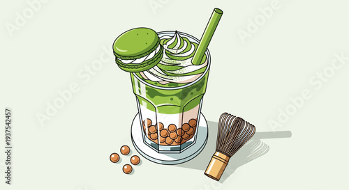 Matcha Bubble Tea with Macaron and Whisk