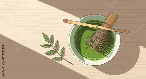 Matcha tea preparation with bamboo whisk