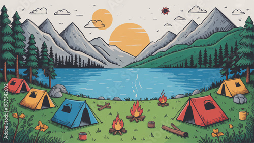 Campsite by serene lake surrounded by majestic mountains at sunset with colorful tents and campfires