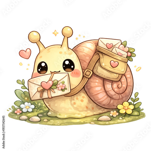 kawaii snail delivering love letters, cute chibi snail mail carrier, adorable snail holding tiny love envelopes, pastel kawaii animal illustration, romantic snail messenger concept, sweet cartoon snai