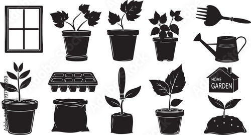 Black and white gardening icons and plants in pots illustration set