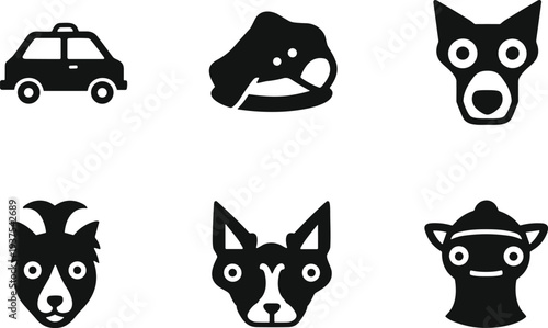 Animal face icons vector illustration set, dog cat goat monkey seal silhouettes, car symbol design for signage graphics