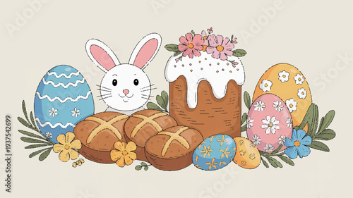 Whimsical easter bunny illustration with colorful eggs cake and bread on a beige background festive holiday scene