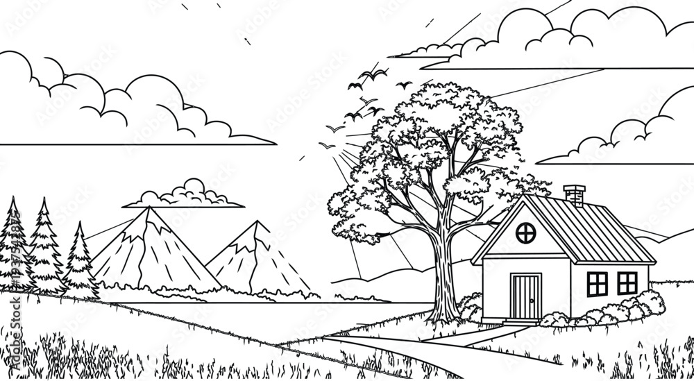 Obraz premium A serene rural landscape with a house and tree by a winding road