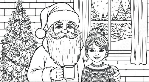 Santa claus and a child standing in front of a christmas tree and window