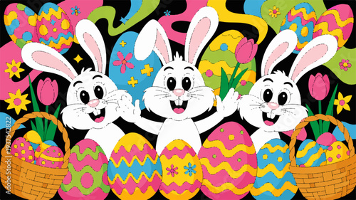 Vibrant easter poster featuring three cheerful bunnies with colorful eggs baskets and flowers on black background