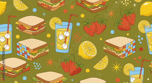 Vibrant seamless pattern of sandwiches and refreshing drinks.